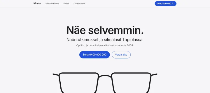 Näytesivu Kirkas Optiikka: valkoinen Apple-henkinen laatta, otsikko ja silmälasien viivapiirros.