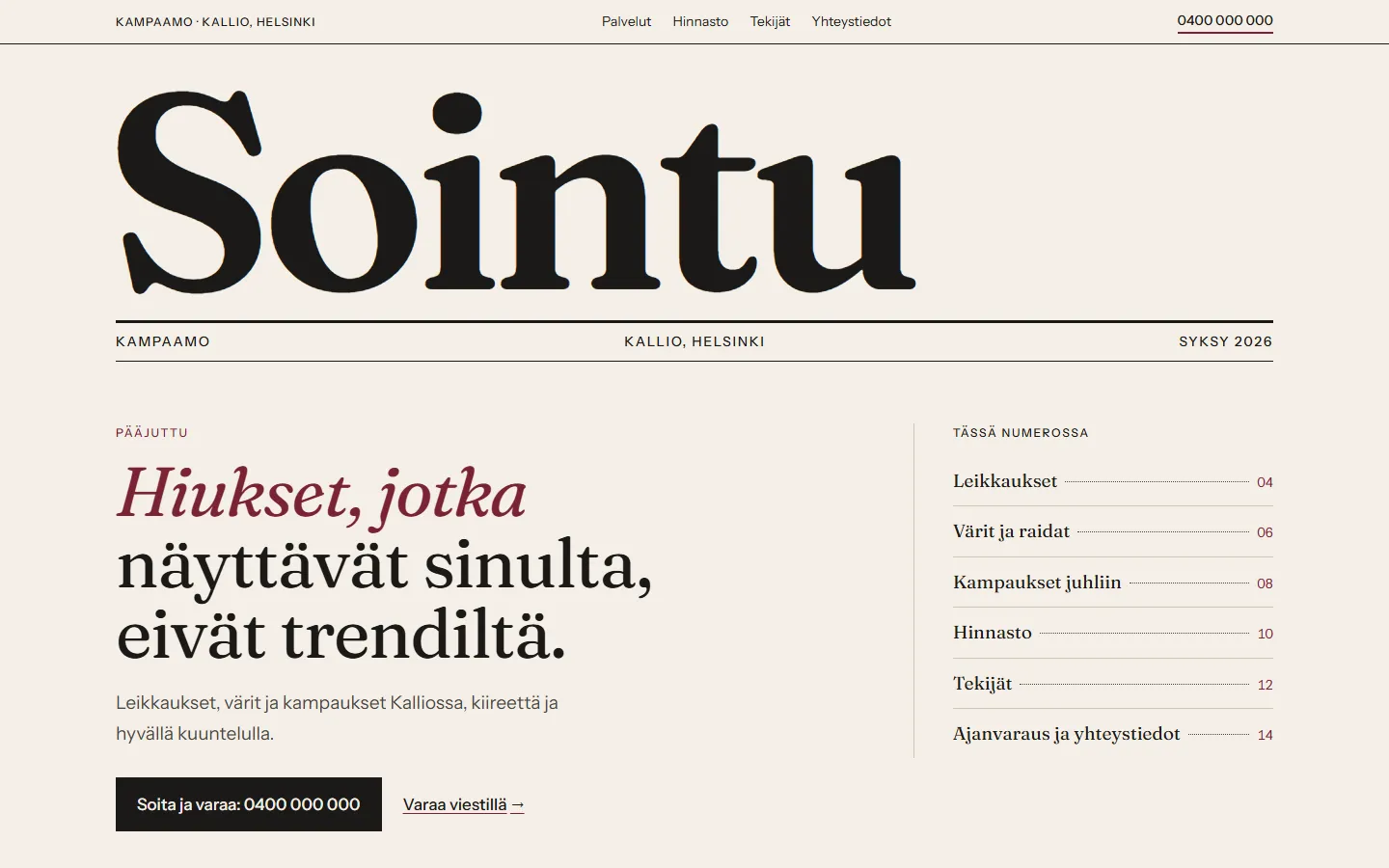 Näytesivu Kampaamo Sointu: aikakauslehden kansi, iso masthead ja sisällysluettelo.