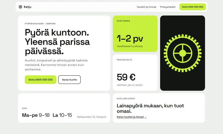 Näytesivu Pyöräkorjaamo Ketju: laatikkoruudukko, jossa hinnat ja limenvihreä laatta.