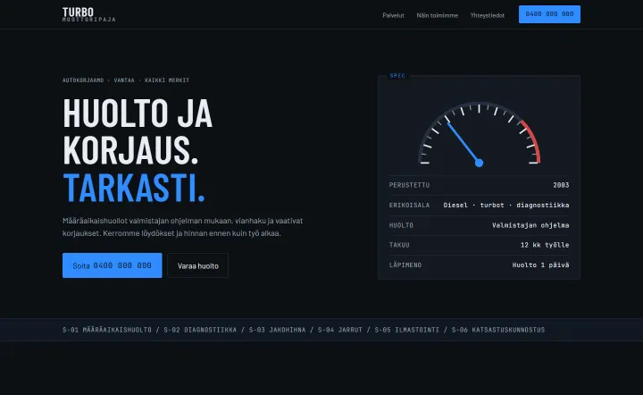Näytesivu Moottoripaja Turbo: tumma tekninen otsikko ja mittaripaneeli.